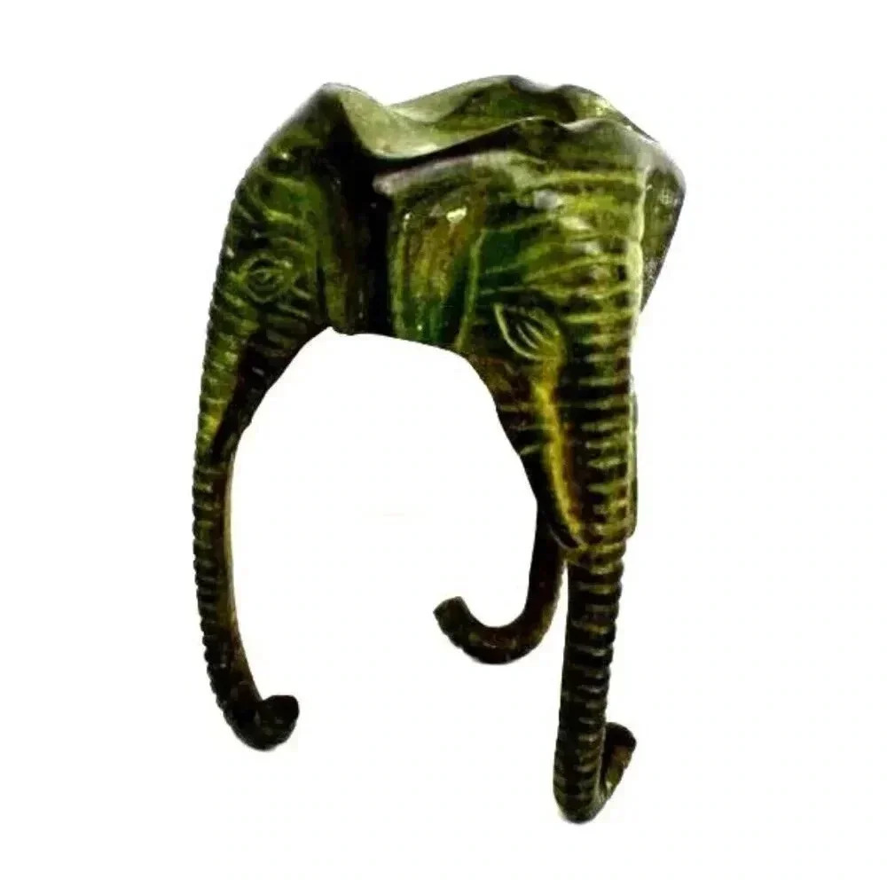 Vtg Antique Green Safari Tabletop Brass Elephant Tripod Incense Burner Ashtray